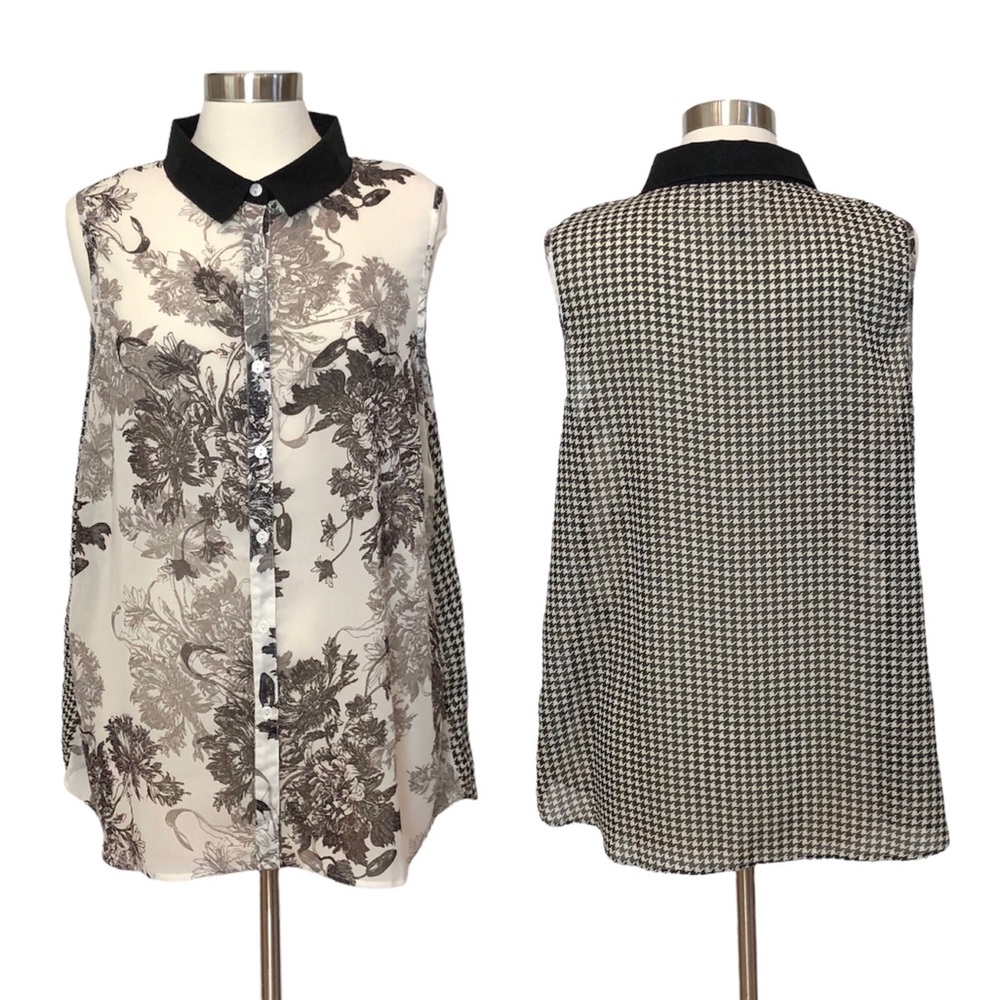 Kenar Sleeveless Floral and Houndstooth Button Down Top New